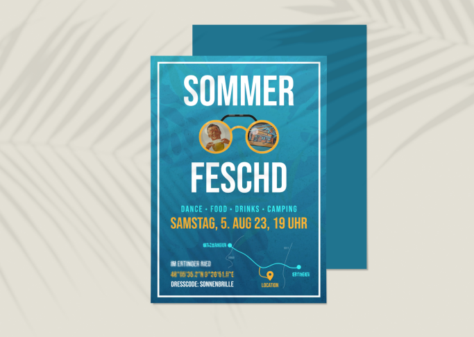 Ein einladendes Plakat für ein Sommerfest am 5. August, mit Sonnenbrille und Palmblättern.